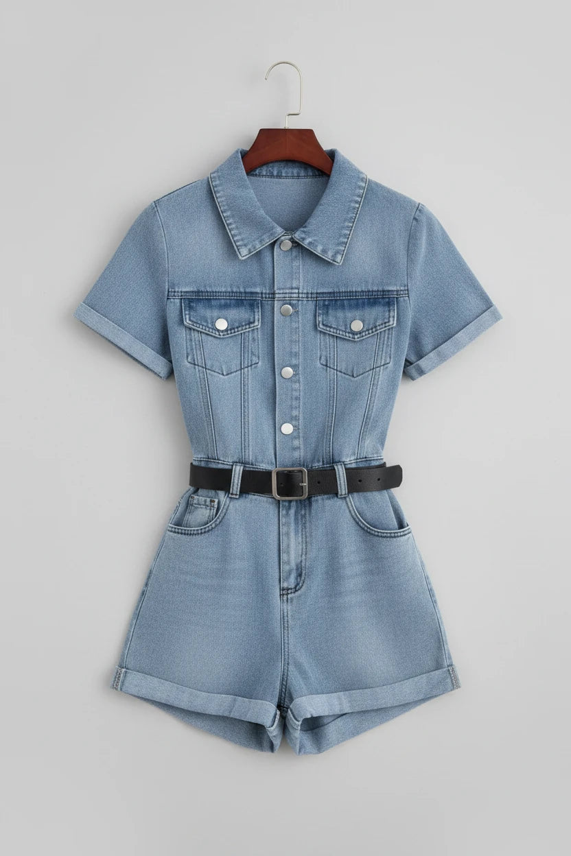 Button Front Short Sleeve Denim Romper