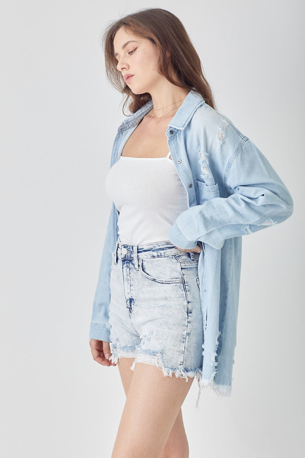 Distressed High Rise Denim Shorts